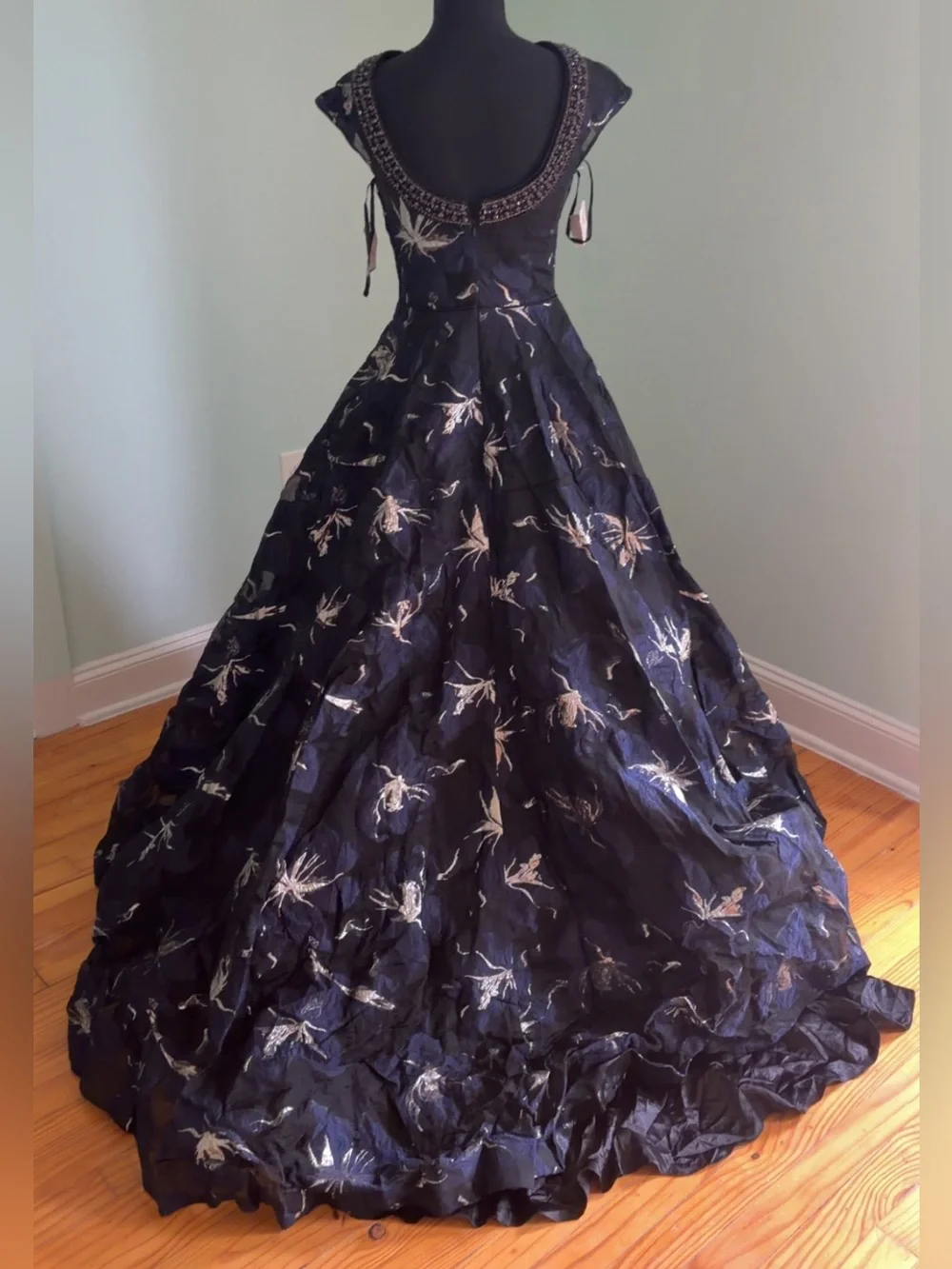 Mac Duggal Navy Blue Ball Gown with Metallic Floral Embroidery - Picture 1 of 4